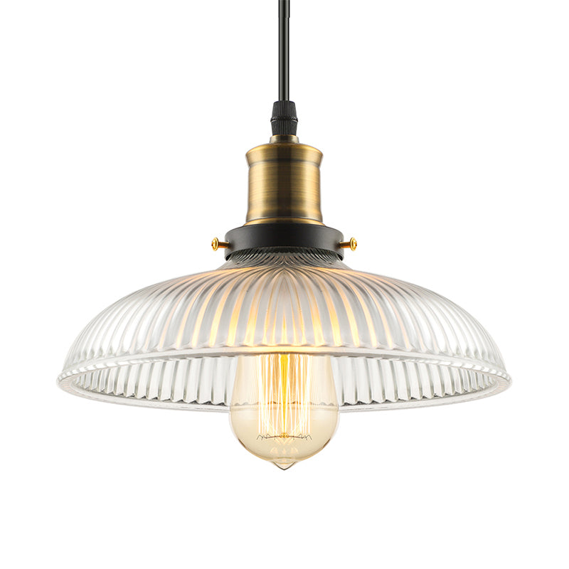 1-Light Ceiling Pendant Light Industrial Dome-Shaped Ribbed Glass Hanging Lamp for Coffee Shop in Brass