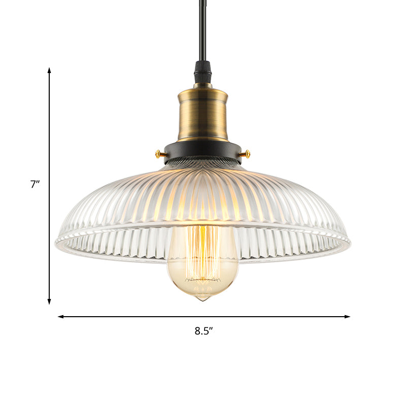 1-Light Ceiling Pendant Light Industrial Dome-Shaped Ribbed Glass Hanging Lamp for Coffee Shop in Brass