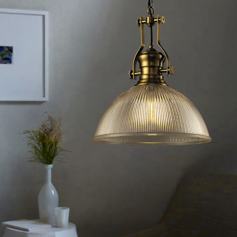 12"/15" Wide Dome Pendant Light Industrial 1 Light Ribbed Glass Hanging Lamp in Brass for Dining Room