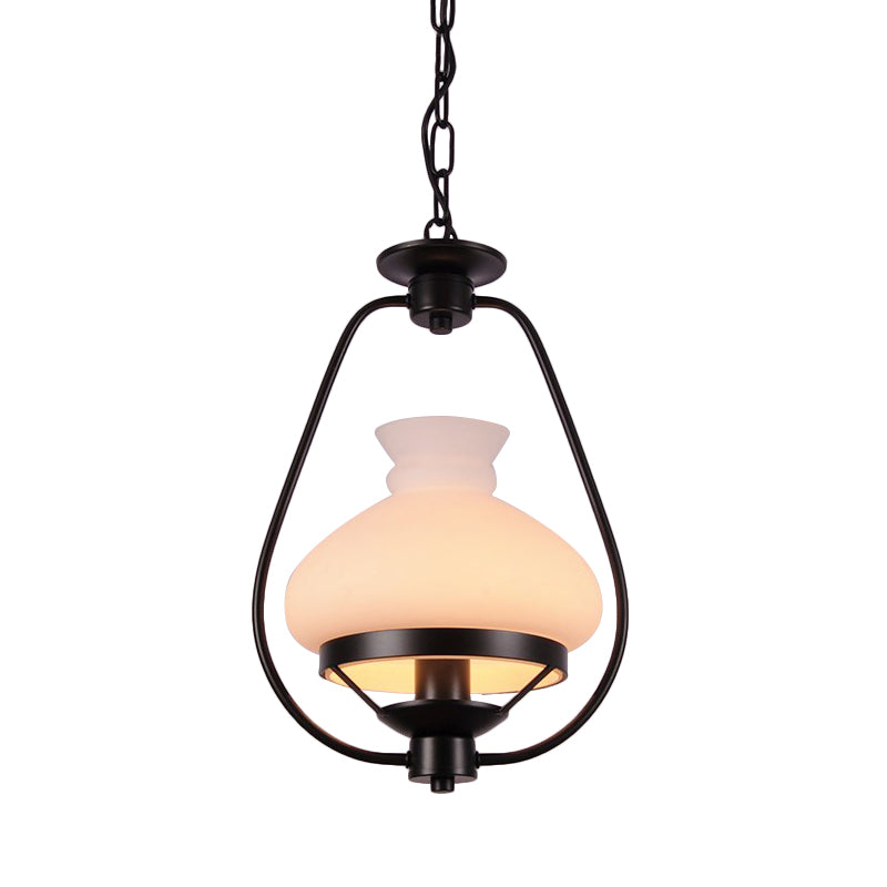 Single Light Ceiling Light Industrial Vase White Glass Pendant Lighting Fixture in Black