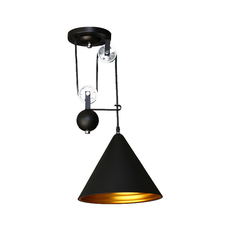 Black/White Finish Conical Hanging Lamp with Pulley Industrial Style Metal 1 Light Farmhouse Pendant Lighting