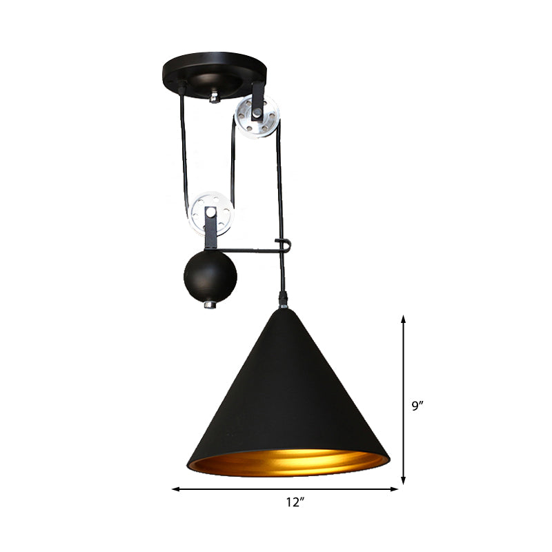 Black/White Finish Conical Hanging Lamp with Pulley Industrial Style Metal 1 Light Farmhouse Pendant Lighting