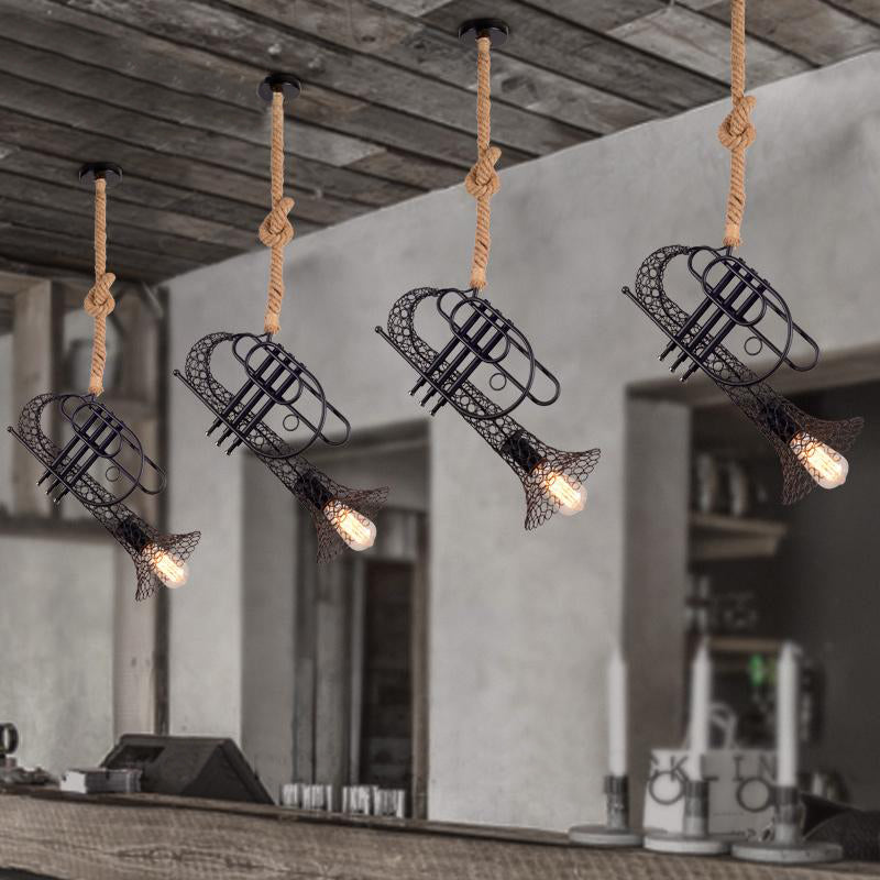 Metallic Trumpet Pendant Light with Mesh Shade and Rope Rustic Retro 1 Light Balcony Hanging Light in Black