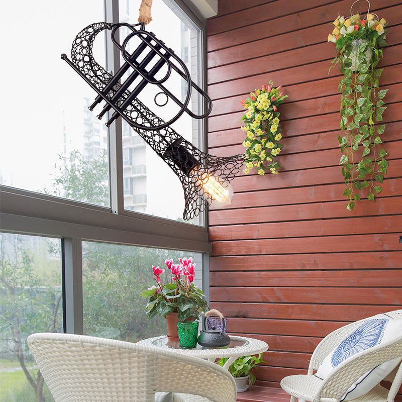 Pendre de trompette métallique avec une teinte en maille et une corde Rustic Retro 1 Balcone de lumière suspendue en noir