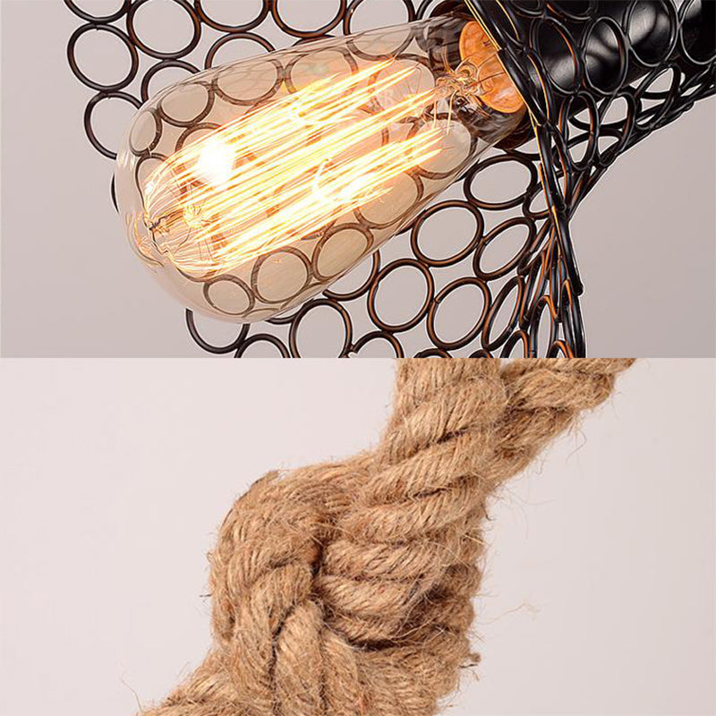 Metallic Trumpet Pendant Light with Mesh Shade and Rope Rustic Retro 1 Light Balcony Hanging Light in Black