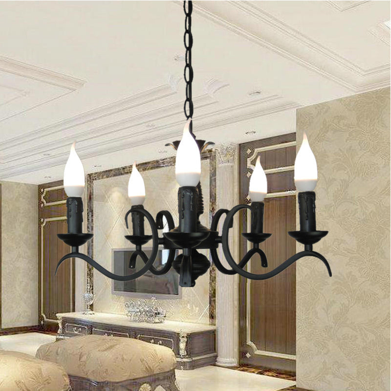 3/5 Heads Flameless Candle Chandelier Lighting Vintage Style Black Metallic Hanging Lamp for Living Room
