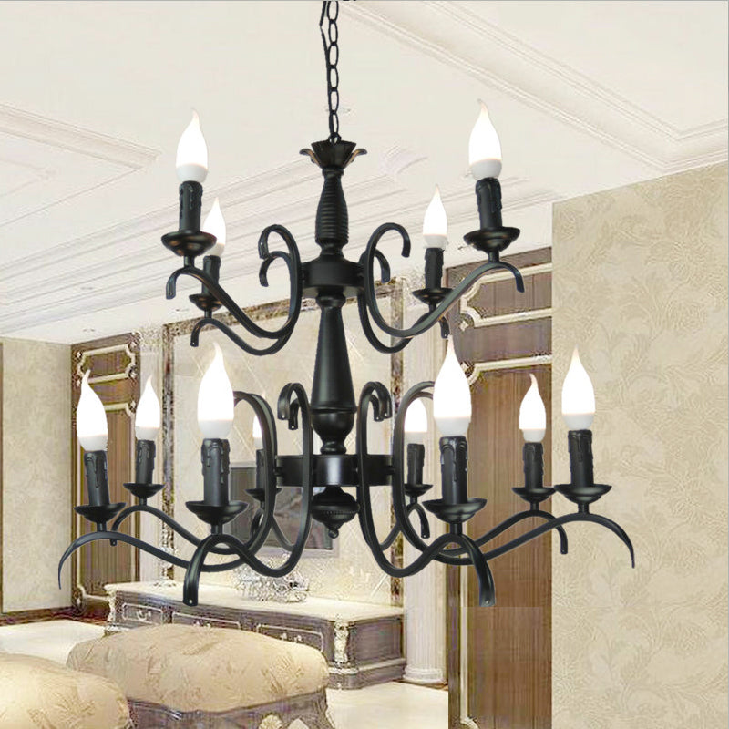 3/5 Heads Flameless Candle Chandelier Lighting Vintage Style Black Metallic Hanging Lamp for Living Room