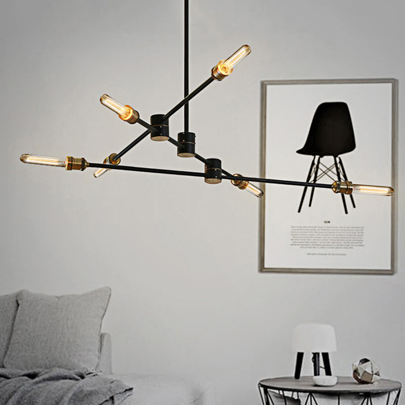 Industrial Style Linear Chandelier Light 6-Light Metallic Ceiling Light Fixture in Black for Living Room