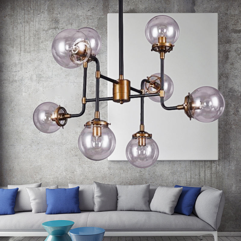 Black/Chrome/Clear Glass Globe Hanging Chandelier Industrial 8/9-Light Living Room Pendant Light