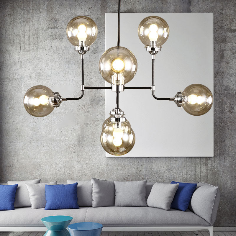 Black / Chrome / Globe en verre transparent Chandelier suspendu industriel 8/9-Light Living Room Pendant Light