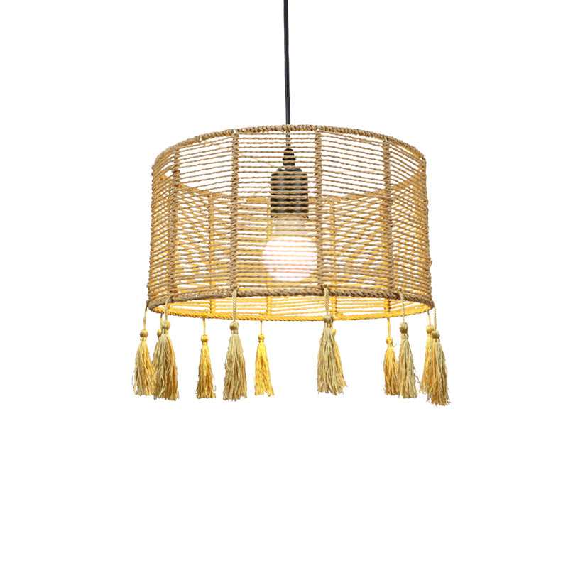 12"/16" Wide Drum Shade Pendant Lamp Modernist Style Rattan 1/3-Light Beige Hanging Lighting with Tassel