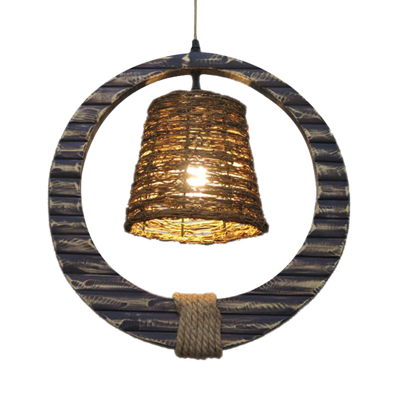 Rattan Conical Hanging Light Modern Style 1 Head Brown Pendant Lamp with Wooden Vertical Ring