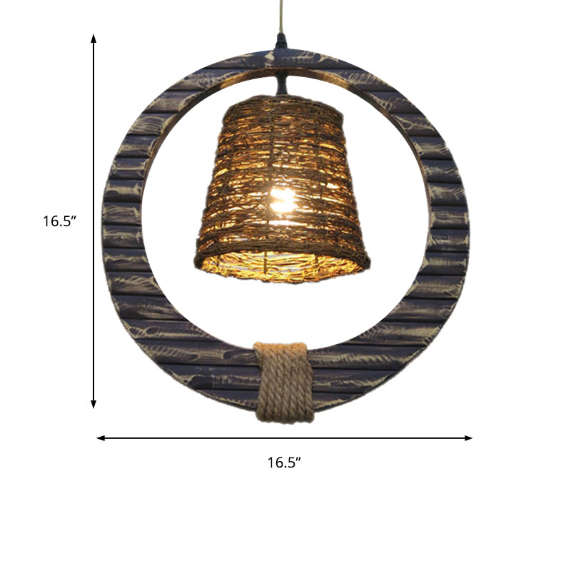 Rattan Conical Hanging Light Modern Style 1 Head Brown Pendant Lamp with Wooden Vertical Ring