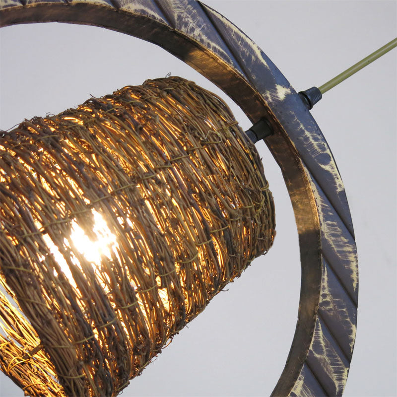 Rattan Conical Hanging Light Modern Style 1 Head Brown Pendant Lamp with Wooden Vertical Ring