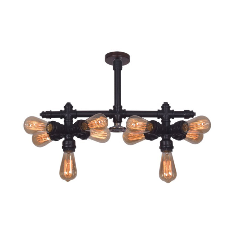 Steampunk Open Bulb Semi Flush Light with Pipe 10-Light Metallic Ceiling Light Fixture in Black for Living Room