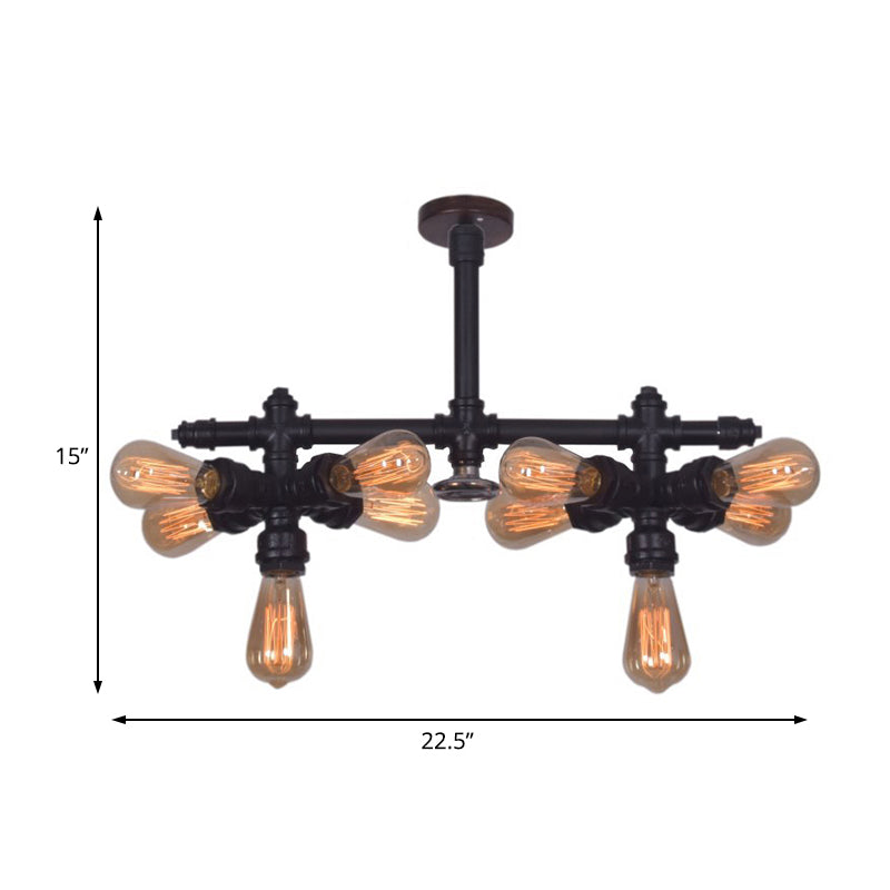 Steampunk Open Bulb Semi Flush Light with Pipe 10-Light Metallic Ceiling Light Fixture in Black for Living Room