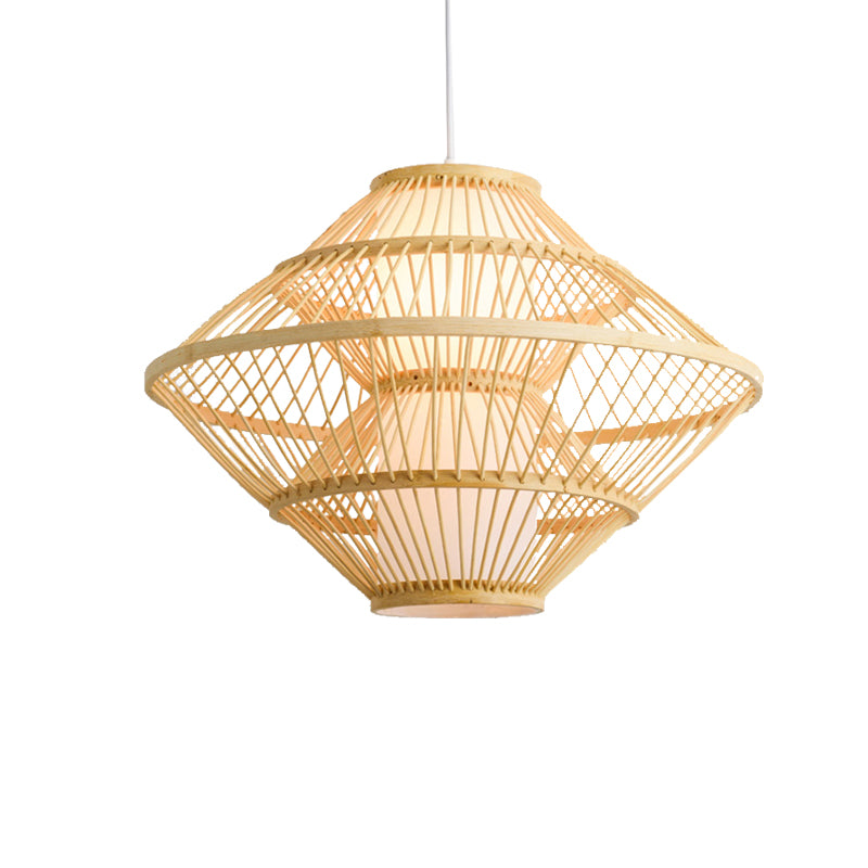 16"/19.5" W Weaving Pendant Lamp Asian Style Bamboo 1 Light Beige Hanging Light Fixture for Living Room