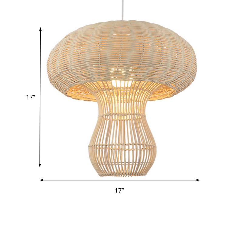 1 Light Hallway Hanging Light with Mushroom Rattan Shade Asian Style Brown/Beige Pendant Lighting