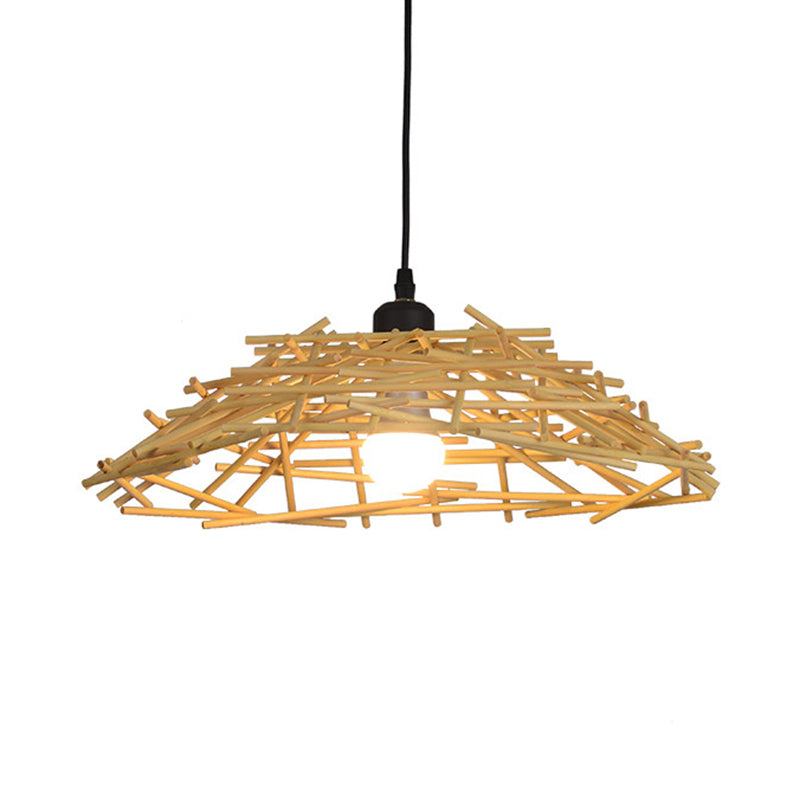 13"/18" Wide Wood Bird Nest Suspension Pendant Light Japanese 1 Bulb Bamboo Hanging Lamp for Bedroom Dining Room