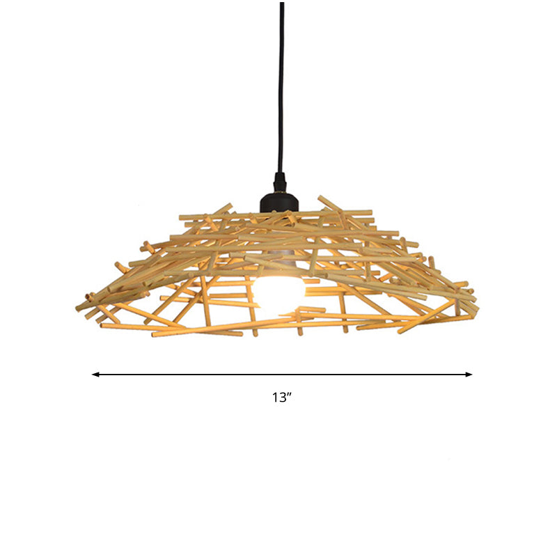 13"/18" Wide Wood Bird Nest Suspension Pendant Light Japanese 1 Bulb Bamboo Hanging Lamp for Bedroom Dining Room