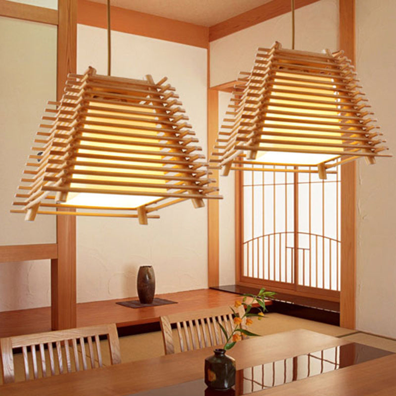 Suspension trapézoïde en bois pendentif japonais 1 lumière en bois suspendu en bois avec une teinte en verre blanc pour chambre à coucher