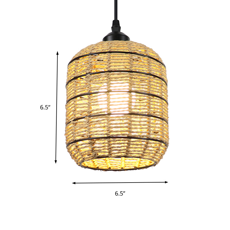 Lantern Suspension Pendant Asian Woven Rattan Single Light Beige Pendant Lamp for Bedroom