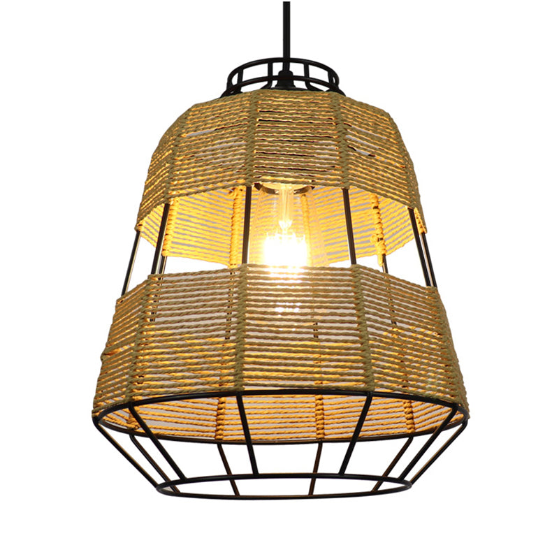 Barrel Metal Cage Hanging Lamp Chinese Straw Rope 1-Light Beige Drop Ceiling Light for Living Room Restaurant