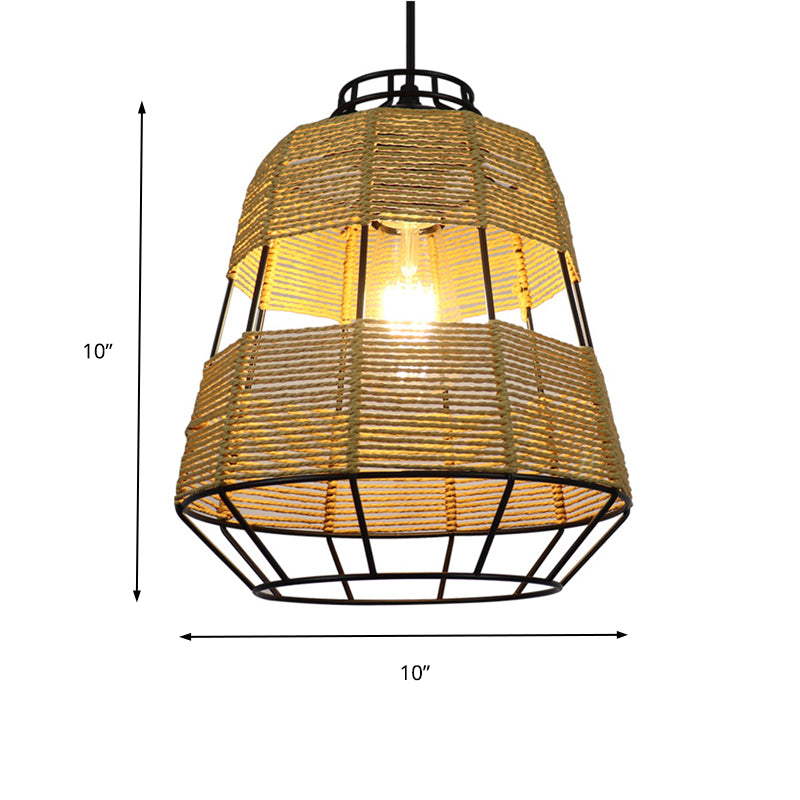 Barrel Metal Cage Hanging Lamp Chinese Straw Rope 1-Light Beige Drop Ceiling Light for Living Room Restaurant