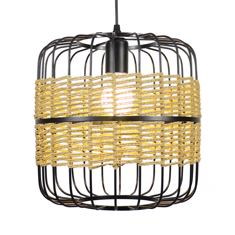 Cylinder Metal Cage Hanging Lamp Modern Straw Rope 1-Light Beige Drop Ceiling Light for Bedroom Restaurant