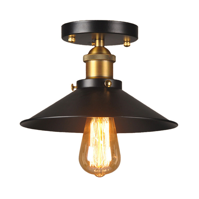 9.5"/10" Dia Flat Shade Corridor Ceiling Mounted Light Industrial Metallic 1 Head Semi Flush Light in Black