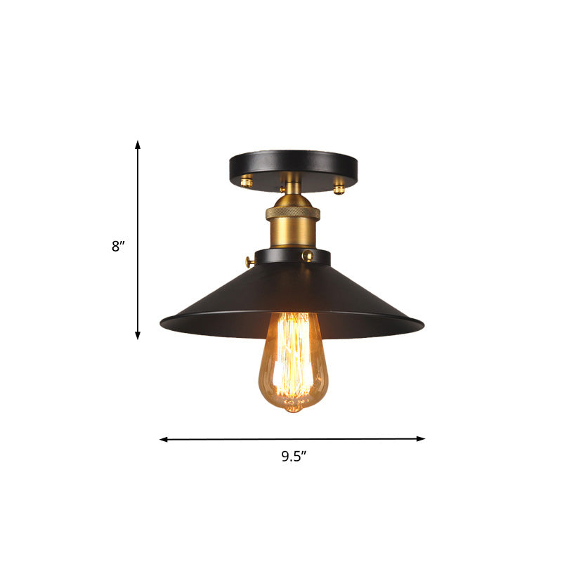 9.5"/10" Dia Flat Shade Corridor Ceiling Mounted Light Industrial Metallic 1 Head Semi Flush Light in Black