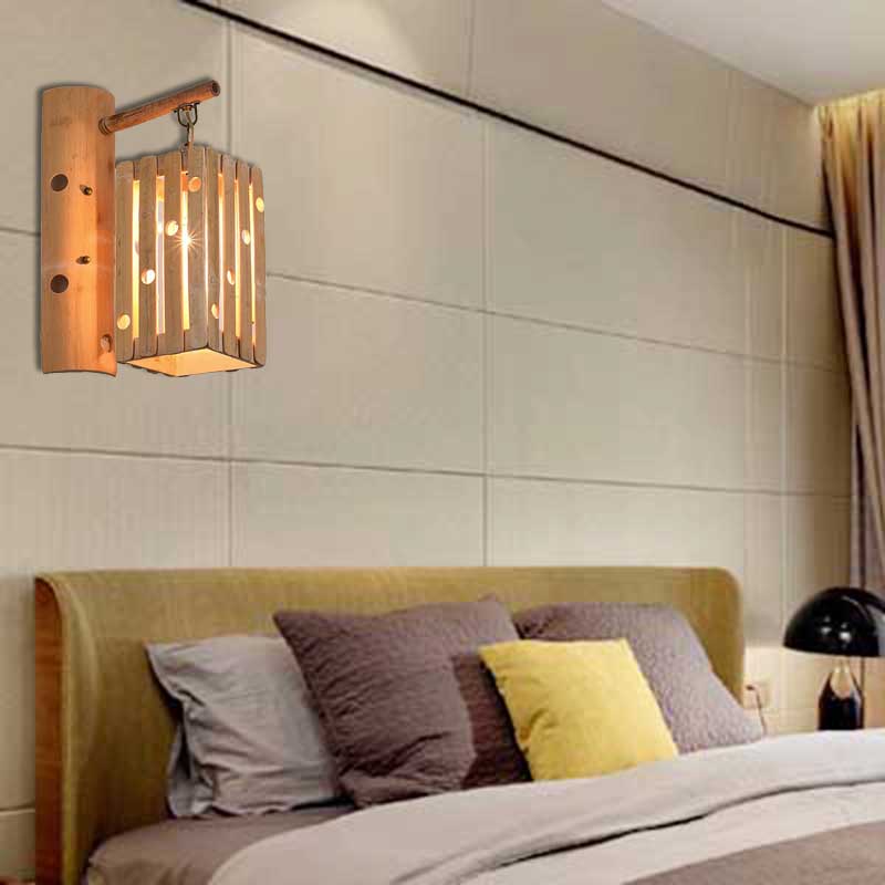 Rectangular Wall Lamp Countryside Bamboo 1-Light Wood Wall Lighting with Pierced Design for Bedroom