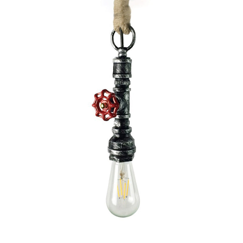 Wrought Iron Pipe Hanging Fixture Industrial 1 Light Indoor Pendant Lamp with Adjustable Rope in Aged Silver/Weathered Copper