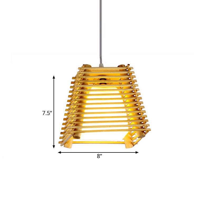 Bambou Trapezoid suspendu luminaire de pendentif en bois naturel moderne à 1 bulbe de plafond en bois avec teinte en verre blanc