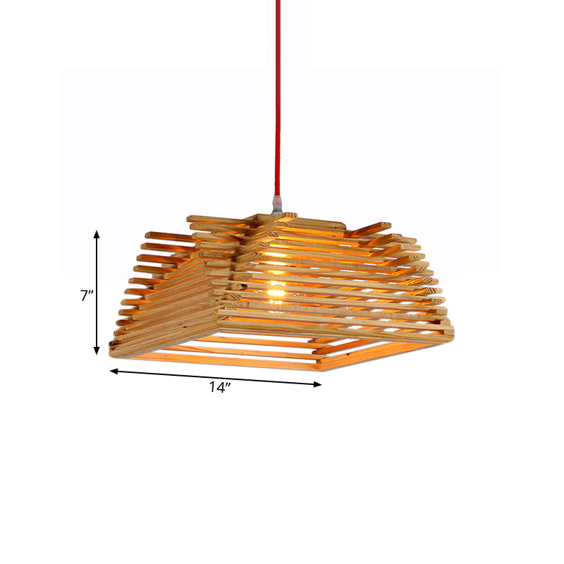 Wooden Square Pendant Light Asian 1-Light Beige Hanging Lamp with Adjustable Cord for Living Room