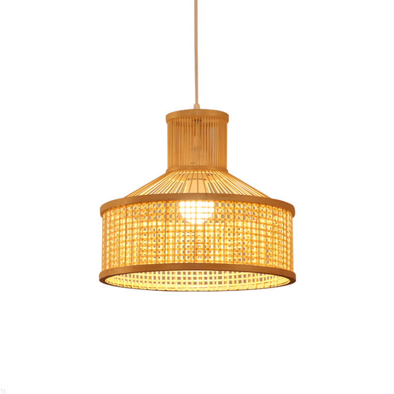 Lampe suspendue en forme de grange style contemporain bambou 1 tête de plafond beige têtes en beige