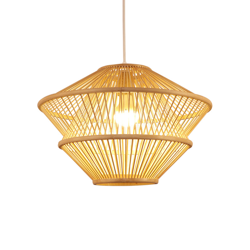 Hand Knitted Pendant Light Fixture Asian Style Bamboo 1-Light Beige Hanging Lamp over Dining Table