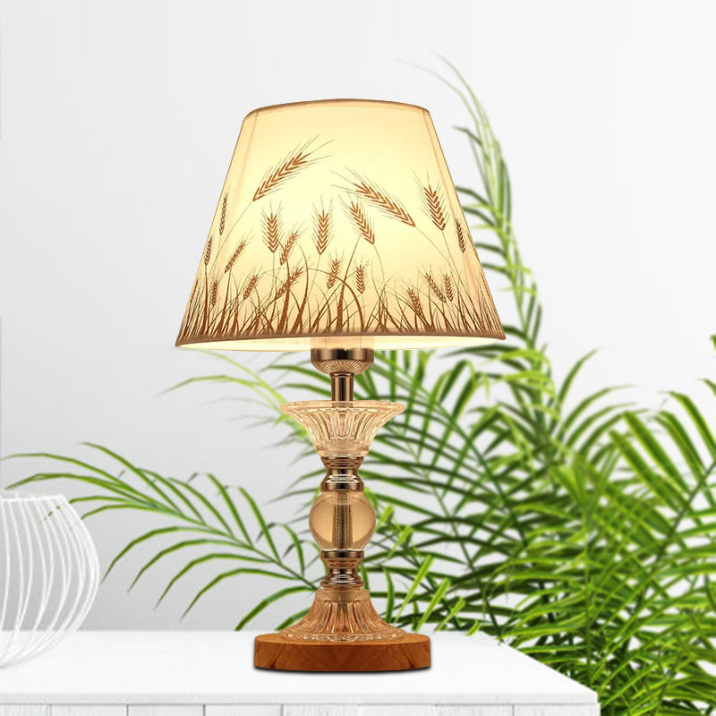 1-Bulb Spikelet Pattern Conic Table Lamp Countryside White Fabric Night Light with Chrome Column Base