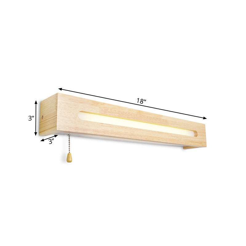 Rectangular Vanity Lamp Modern Wooden 18"/21.5" Wide 1-Head Beige Wall Sconce Light with Diffuser and Pull Chain