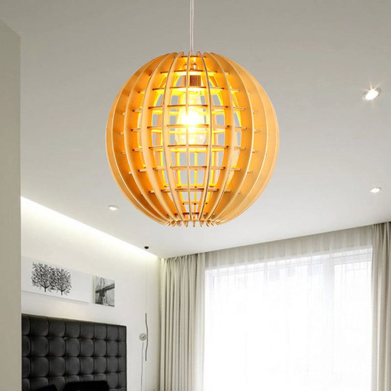 Wooden Globe Pendant Light Asian Style 1-Light Suspension Lamp in Natural Wood for Dining Room