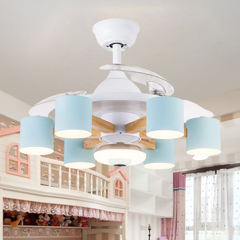 Nordic Cylinder Semi Flush Acrylic 42" W 6-Head Living Room Pendant Fan Light with 3 Clear Blades in Blue/White