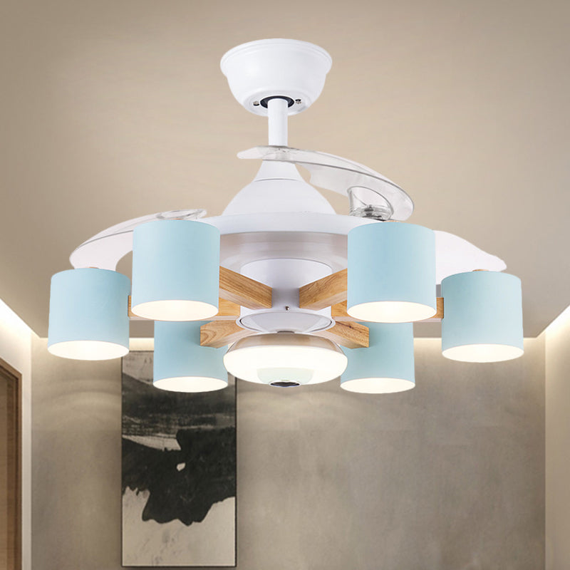 Nordic Cylinder Semi Flush Acrylic 42" W 6-Head Living Room Pendant Fan Light with 3 Clear Blades in Blue/White