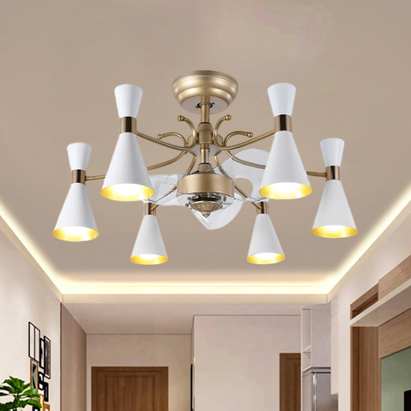 27.5" Width Flaring Hanging Fan Light Contemporary Acrylic 6 Bulbs White 3-Blade Semi Mount Lighting with Curvy Arm