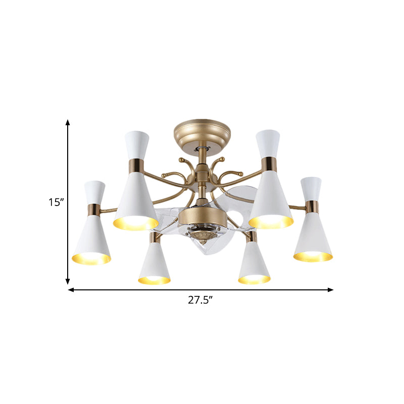 27.5" Width Flaring Hanging Fan Light Contemporary Acrylic 6 Bulbs White 3-Blade Semi Mount Lighting with Curvy Arm