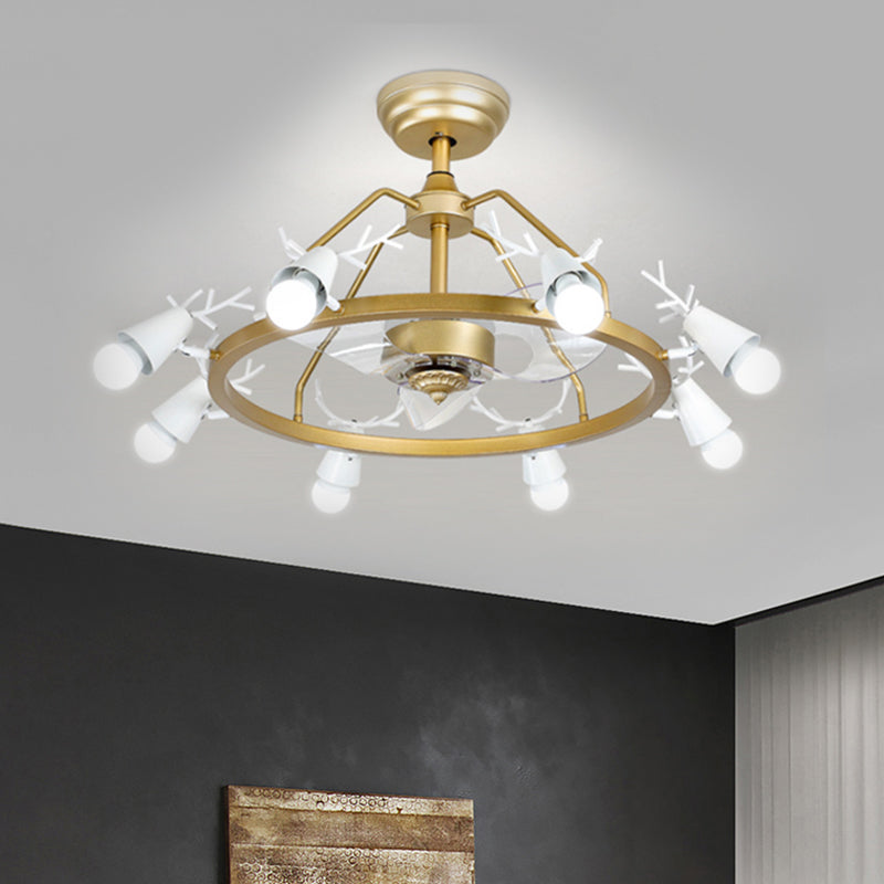 35.5" Wide Tapered Ring Semi Flush Lamp Modernist Acrylic 8-Bulb Gold 3-Blade Pendant Fan Light with Antler Design