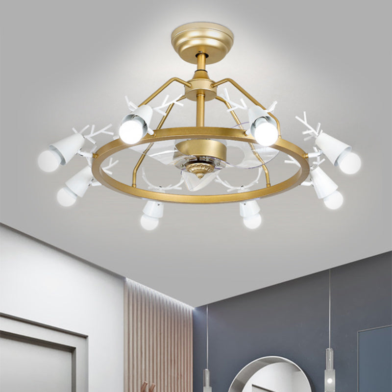 35.5" Wide Tapered Ring Semi Flush Lamp Modernist Acrylic 8-Bulb Gold 3-Blade Pendant Fan Light with Antler Design