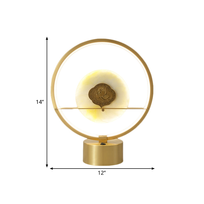 Nordic Style Ring Night Light Metallic LED Bedside Table Lighting with Round Jadeite Inside in Gold