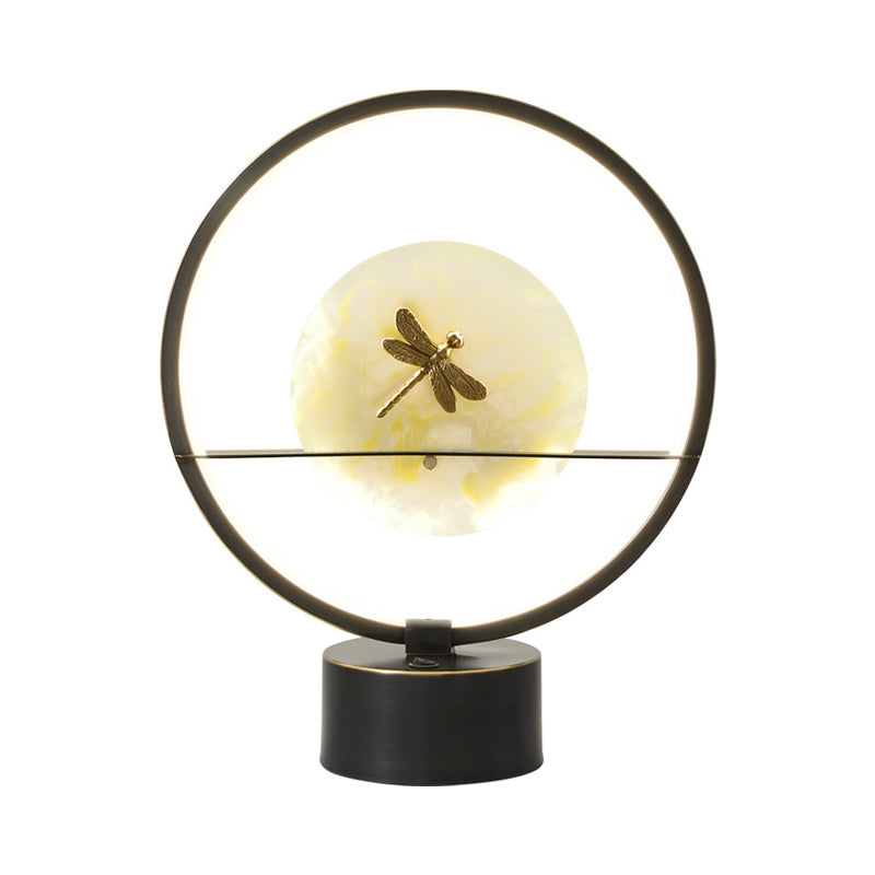 Black Round Desk Lamp Minimalism LED Metal Night Light with Dragonfly Detail Inside