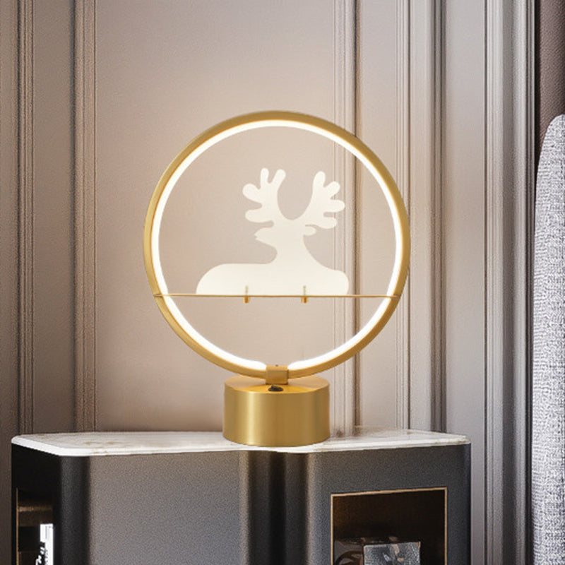 Gold Round Table Lamp Contemporary LED Metallic Nightstand Light with Elk Detail Inside