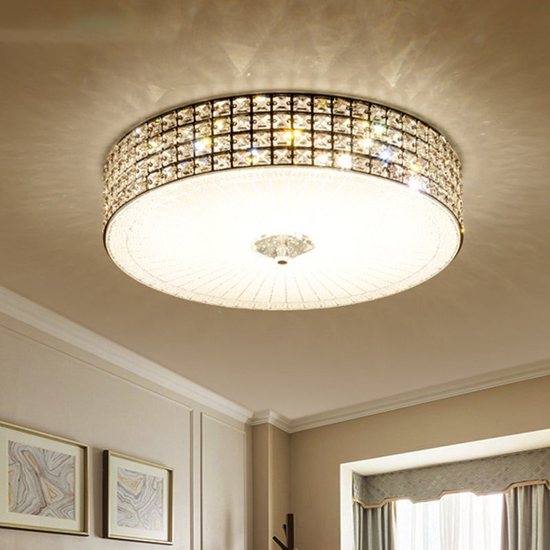 LED Flush Mount Lamp with Drum Shade Clear Crystal Modern Bedchamber Flush Ceiling Light Fixture, 16"/19.5" Width